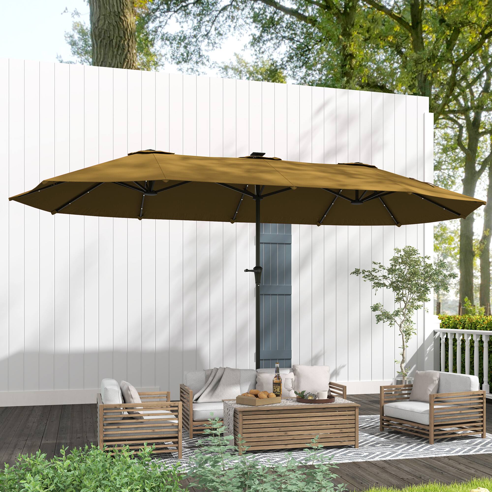 Alt View 5. Outsunny - 13ft Large Patio Umbrella with Solar Lights, Rectangular Double-Sided Outdoor Market Umbrella with Crank Handle - Khaki.