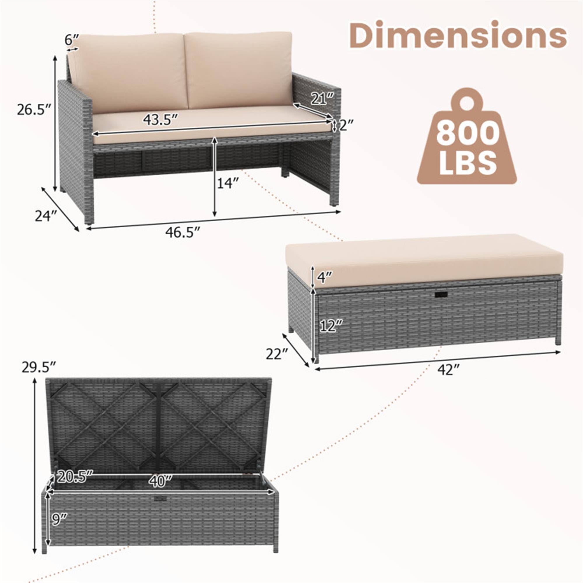 6"  
Dimensions  
26.5" x 43.5" x 14" x 21"  
:2"  
800 LBS  
24" x 46.5" x 4" x 12"  
29.5" x 22" x 42" x 20.5" x 40" x 9"