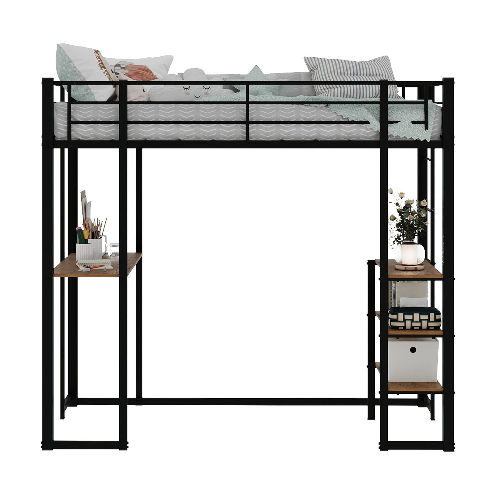 Alt View 6. Loheer - Loheer Twin Loft Bed with Desk and Storage Shelves Modern Black Metal Wood Space Saving Frame - Black.