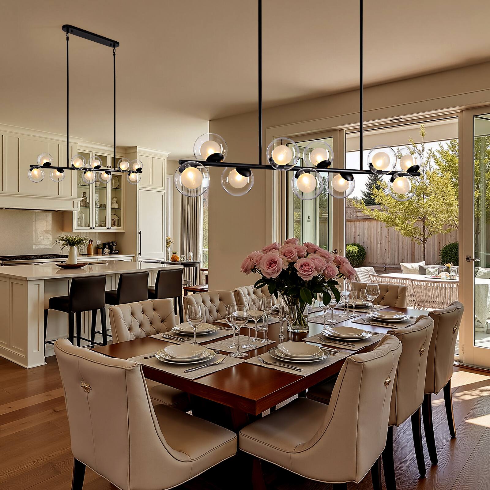 Alt View 4. Siljoy - Modern 10-Light Dimmable Linear Chandelier Clear Double Glass Gold Adj. Height – For Dining Kitchen Bedroom - Black.