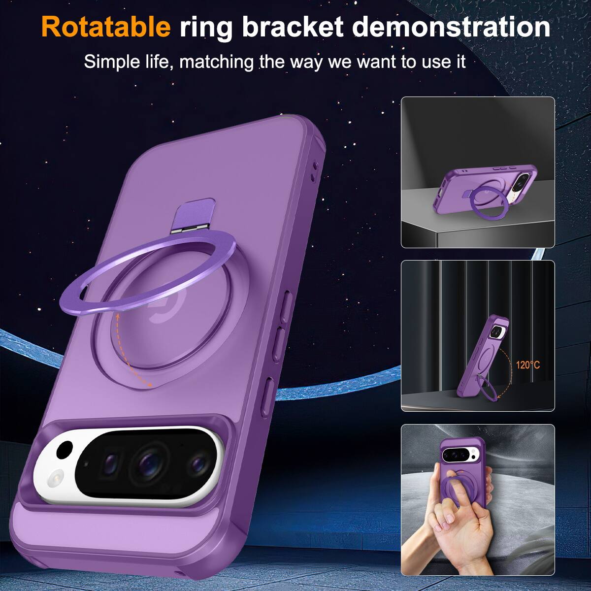 Rotatable ring bracket demonstration  
Simple life, matching the way we want to use it  

120°