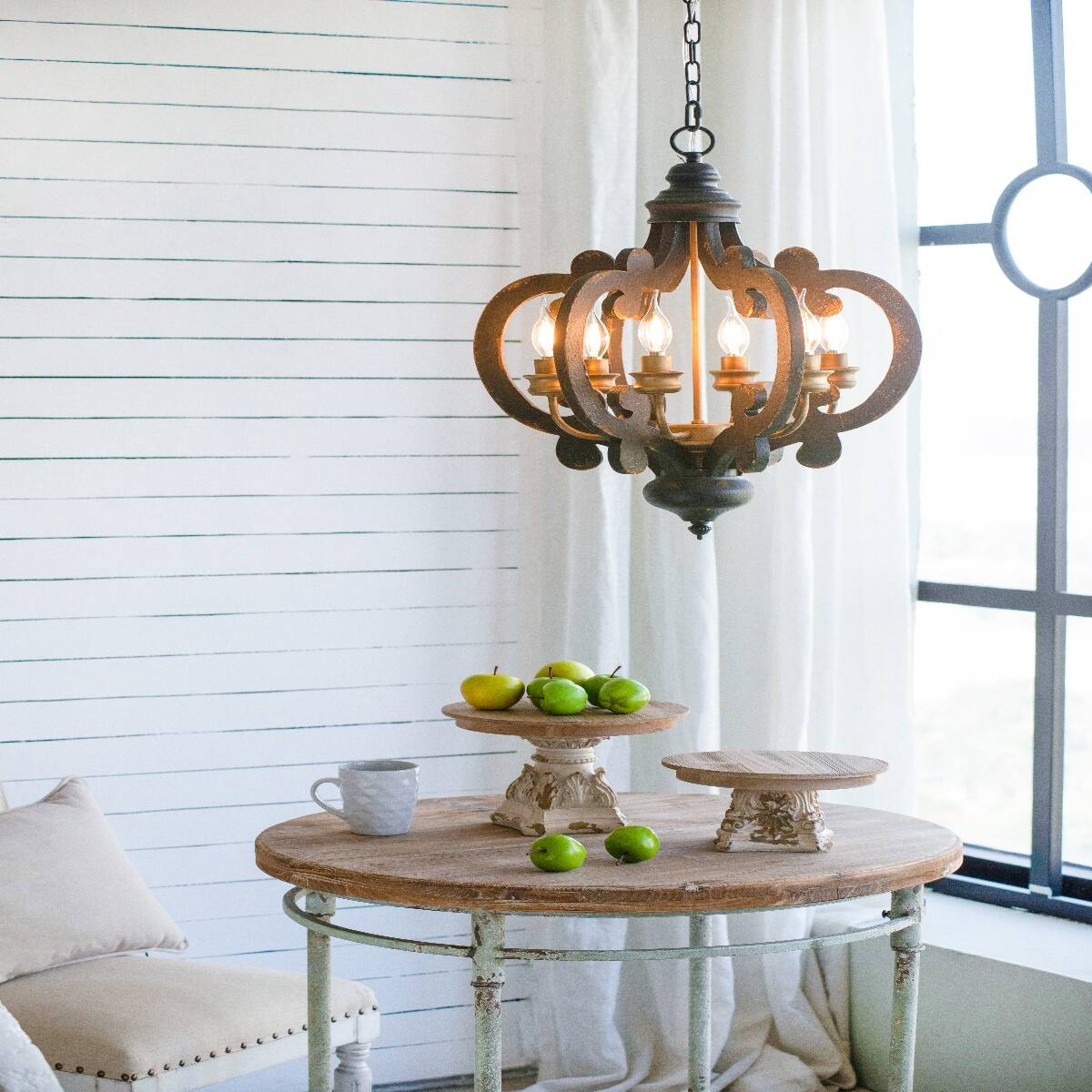 Alt View 7. Loheer - Loheer Six Light French Country Wood Chandelier with Adjustable Chain for Kitchen or Foyer.