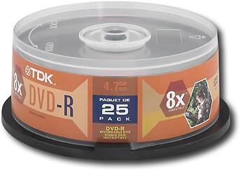 Front Standard. TDK - 25-Pack 8x DVD-R Disc Spindle.