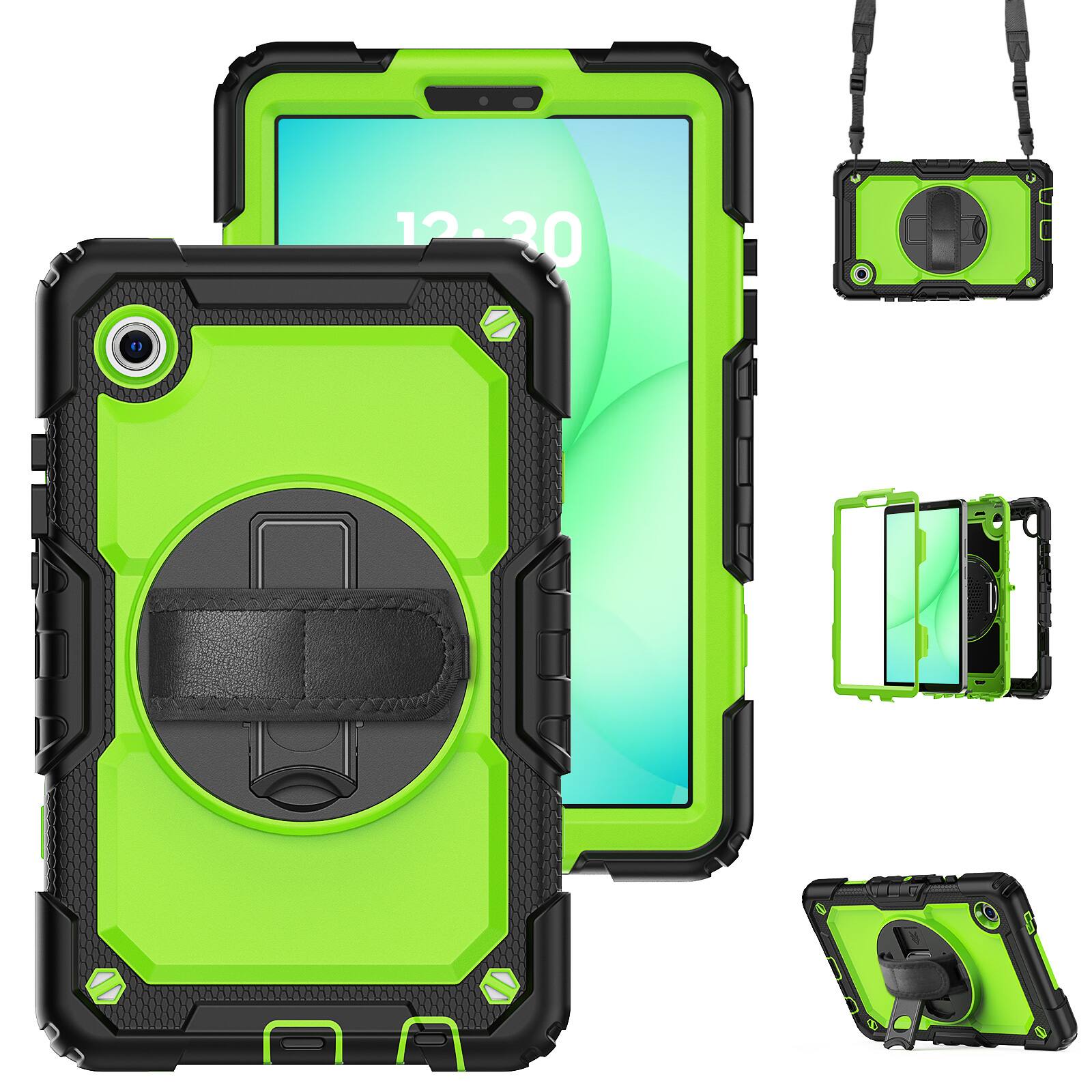 Left. Dteck - For Samsung Galaxy Tab A11 2025/A9 2023 8.7'' Shockproof Three-Layer Stand Shoulder Strap Case Built-in Screen Protector - Green+Black.
