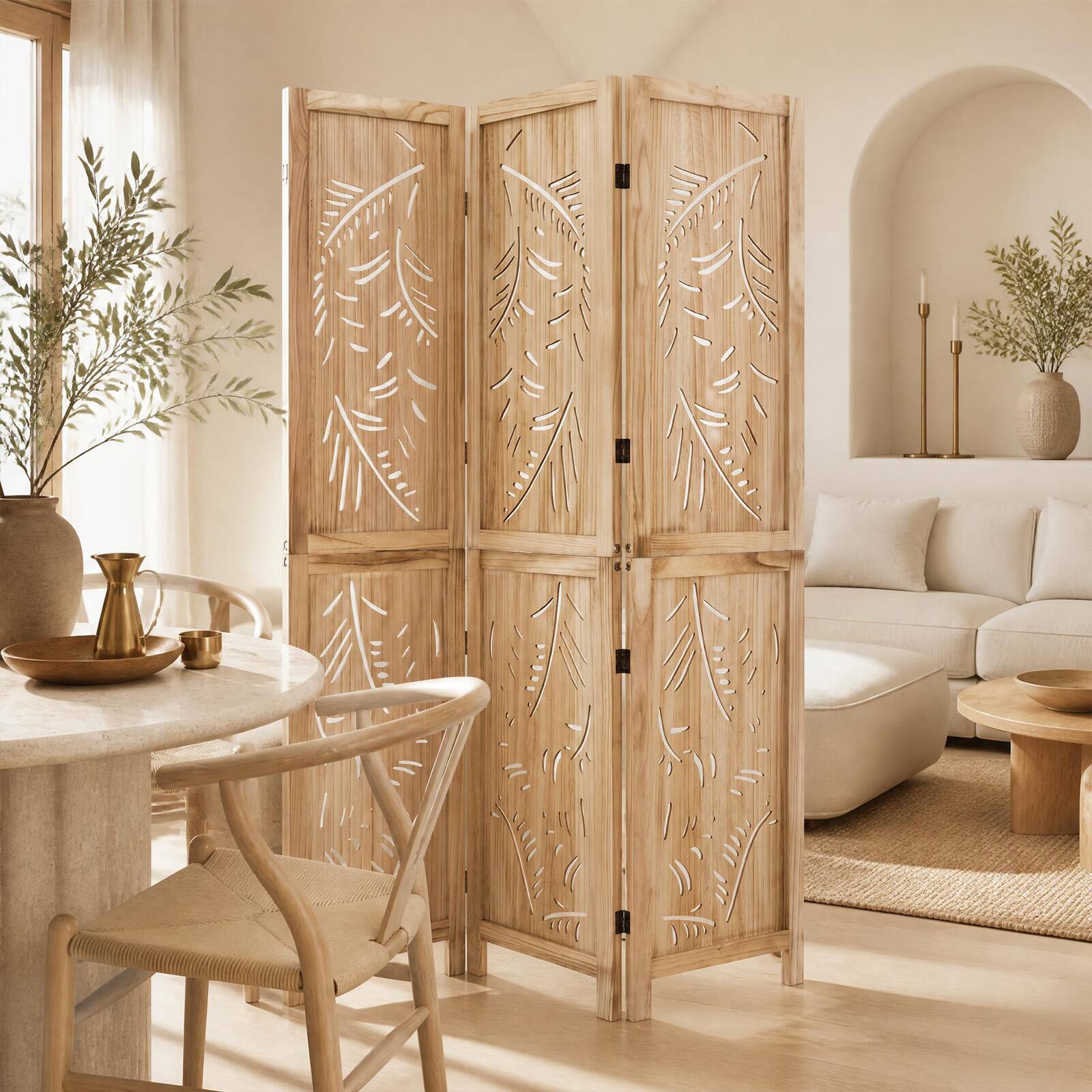 Alt View 3. Costway - Costway 3-Panel Wooden Room Divider Privacy Screen with Palm Leaf Design Panels for Home - Natural.