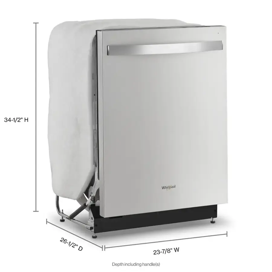 The text on the image reads: "34-1/2" H Whirlpool 26-1/2" D 23-7/8" W Depth including handle(s)." This information provides the dimensions of the appliance, including the handle(s).