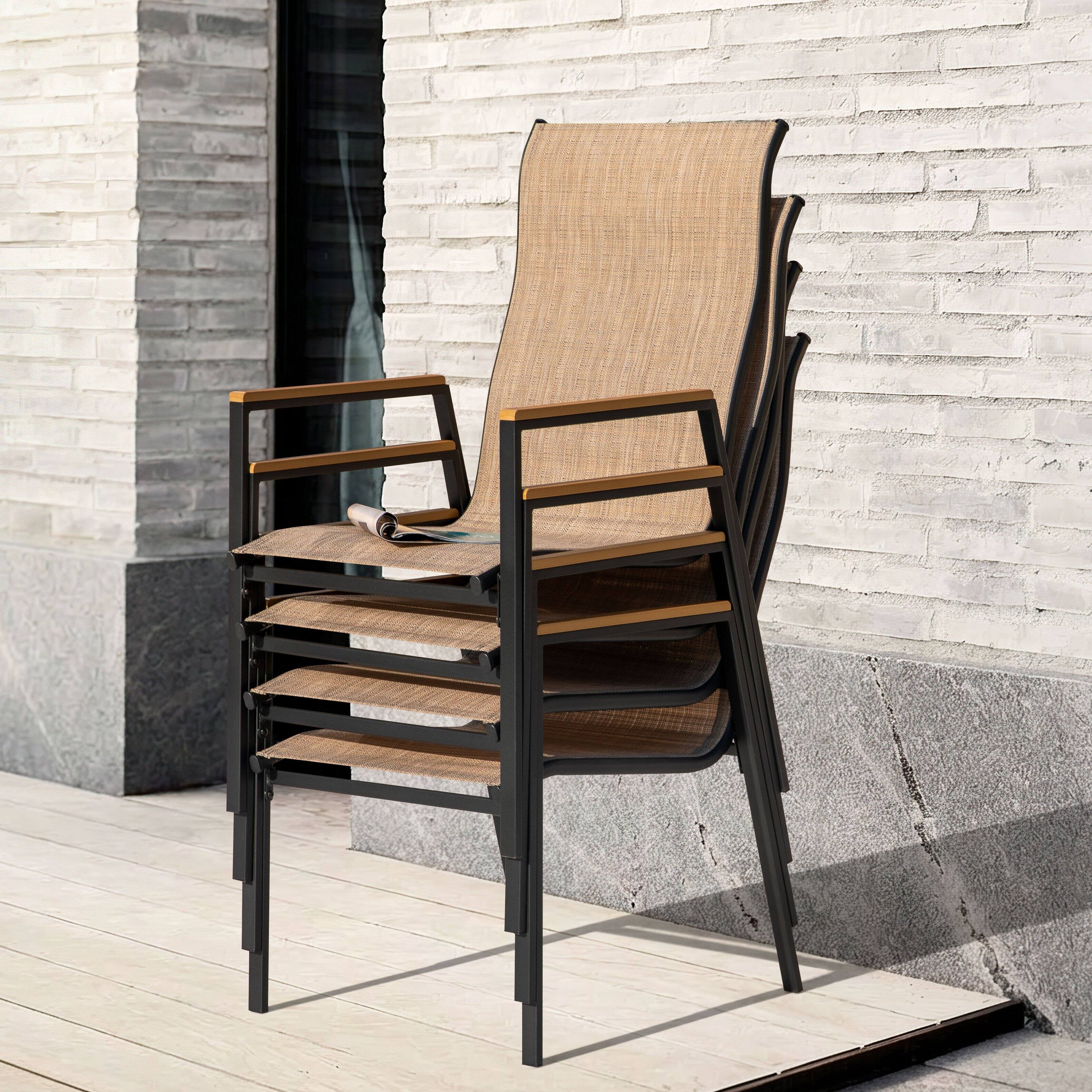 Back. Nuu Garden - Patio Stackable Textilene Dining Chairs Set of 4, Faux Wood Armrests - Khaki.