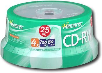 Front Standard. Memorex - 25-Pack 4x CD-RW Disc Spindle.