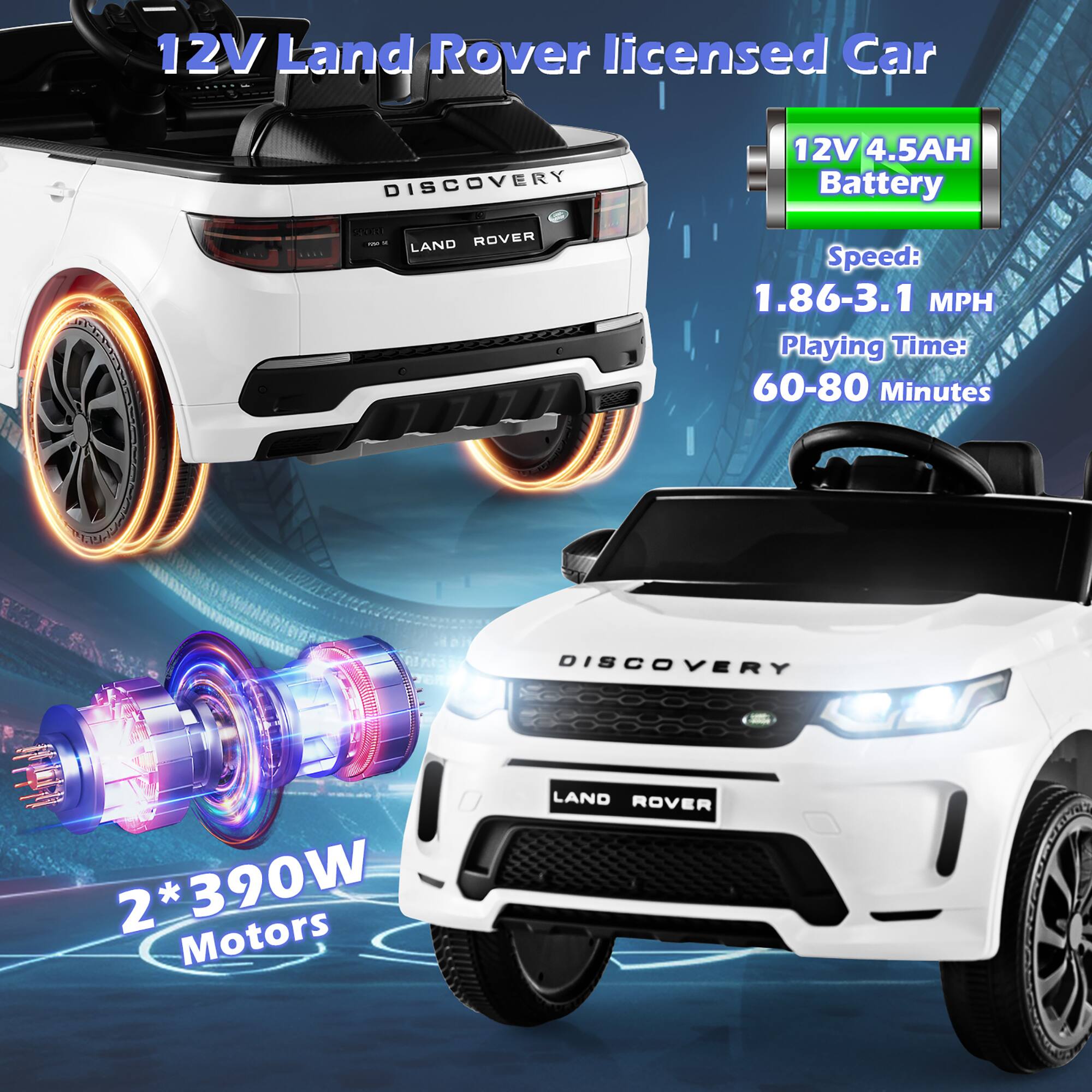 12V Land Rover licensed Car  
DISCOVERY  
12V 4.5AH Battery  
Speed: 1.86-3.1 MPH  
Playing Time: 60-80 Minutes  
2*390W Motors