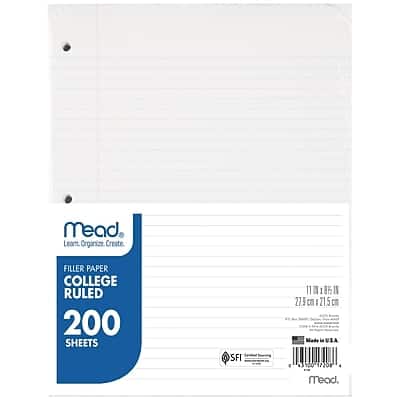 Mead - College Ruled Filler Paper, 8.5" x 11", 3-Hole Punched, 200 Sheets/Pack - White