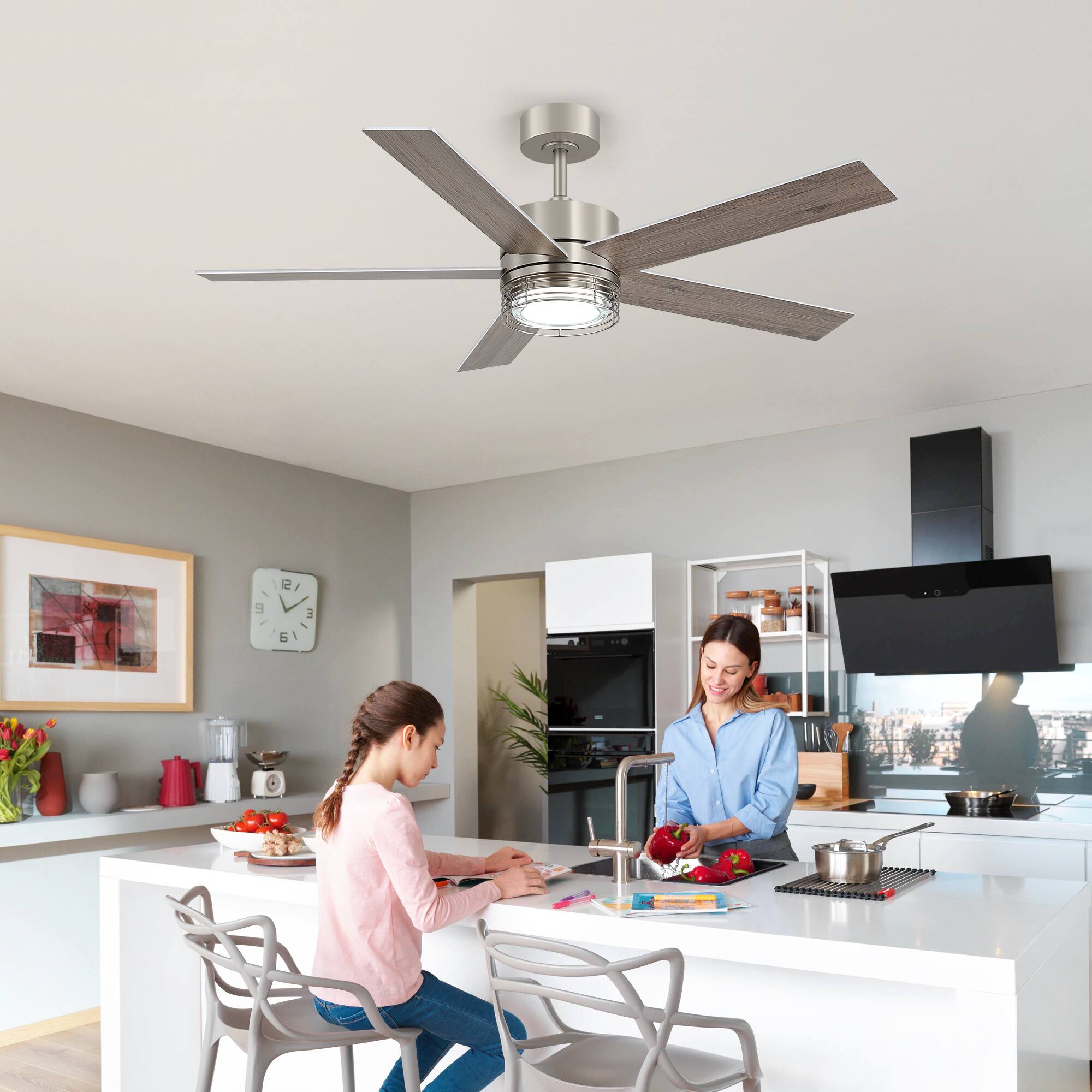 Back. Breezary - 52-Inch LED Ceiling Fan with 5 Reversible Blades, Dimmable 3-Color Light, Quiet DC Motor & Remote, 6&10" Downrods - 52-Inch Brushed Nickel.