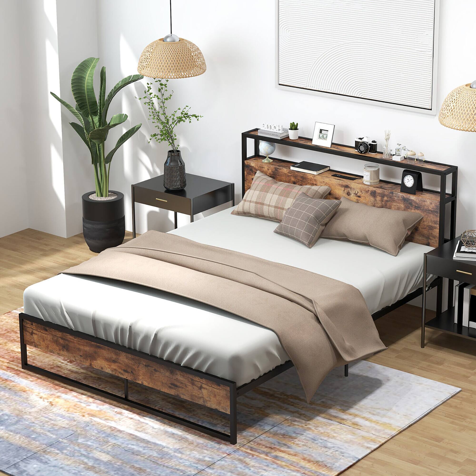 Alt View 3. Gymax - Gymax Queen Size Industrial Platform Bed Frame with Charging Station Storage Headboard - Rustic Brown.