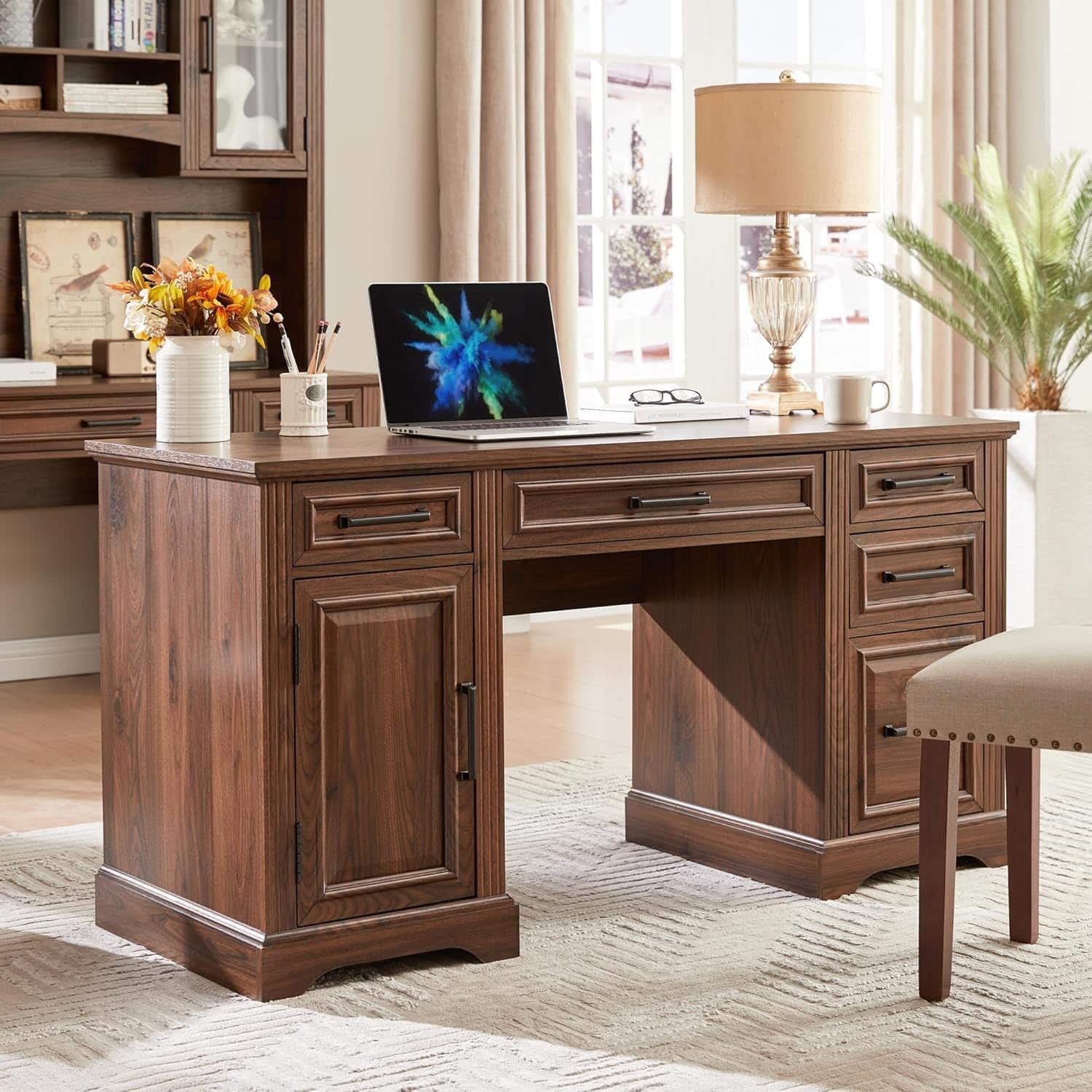 Acekool - Executive Office Desk, Farmhouse 58" Office Desk with Storage - Brown