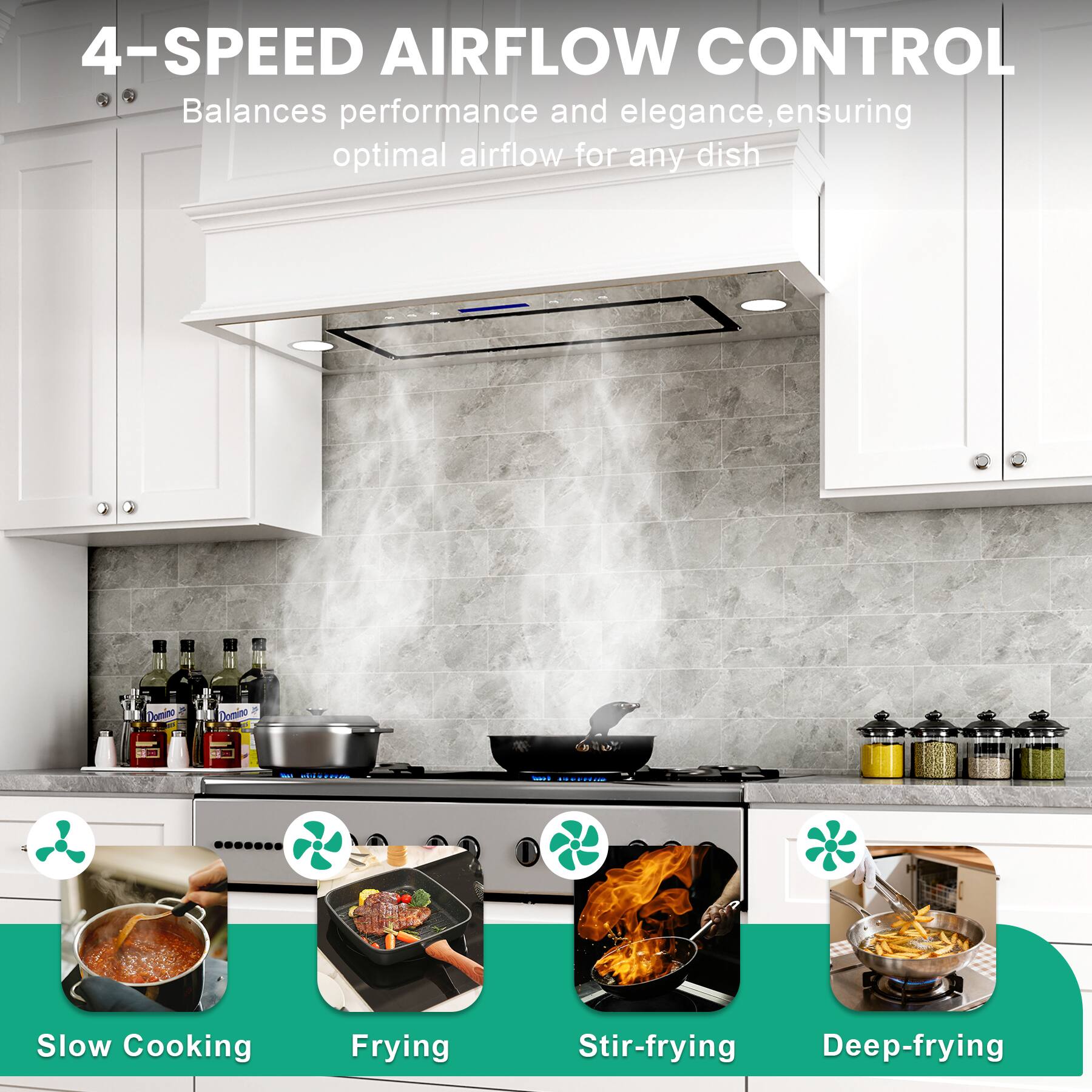 4-SPEED AIRFLOW CONTROL  
Balances performance and elegance, ensuring optimal airflow for any dish  

- Slow Cooking  
- Frying  
- Stir-frying  
- Deep-frying