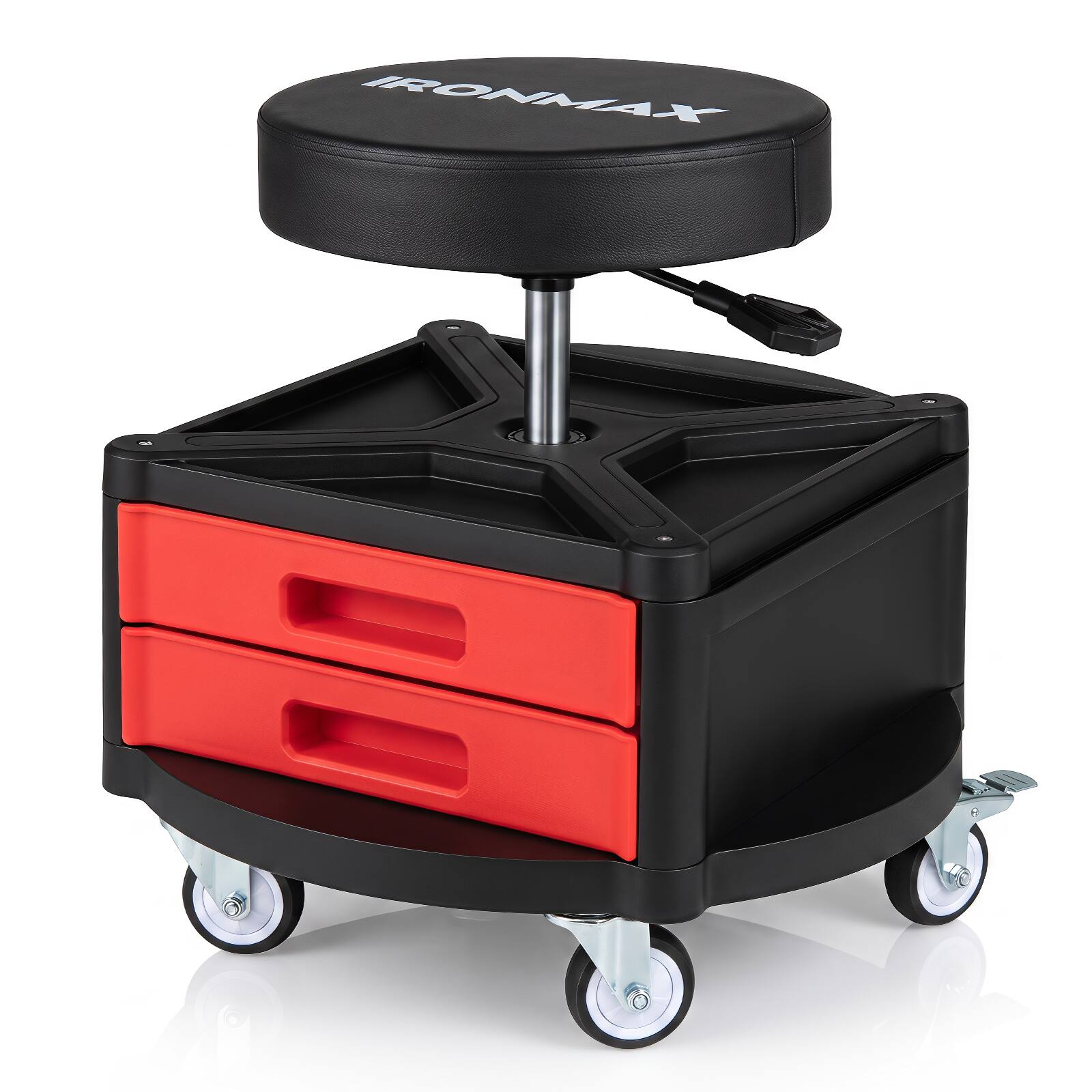 Alt View 9. Costway - Ironmax Rolling Mechanic Stool with Cushioned Seat Tool Tray 3 Drawers 5 Universal Wheels - Black and Red.