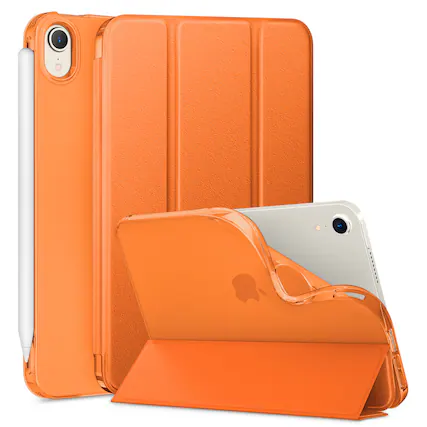 Front. DTTO - Slim Trifold Case for iPad mini 7 (A17 Pro) 2024 / iPad mini 6 2021, Translucent Frosted Back, Auto Wake/Sleep - Orange.
