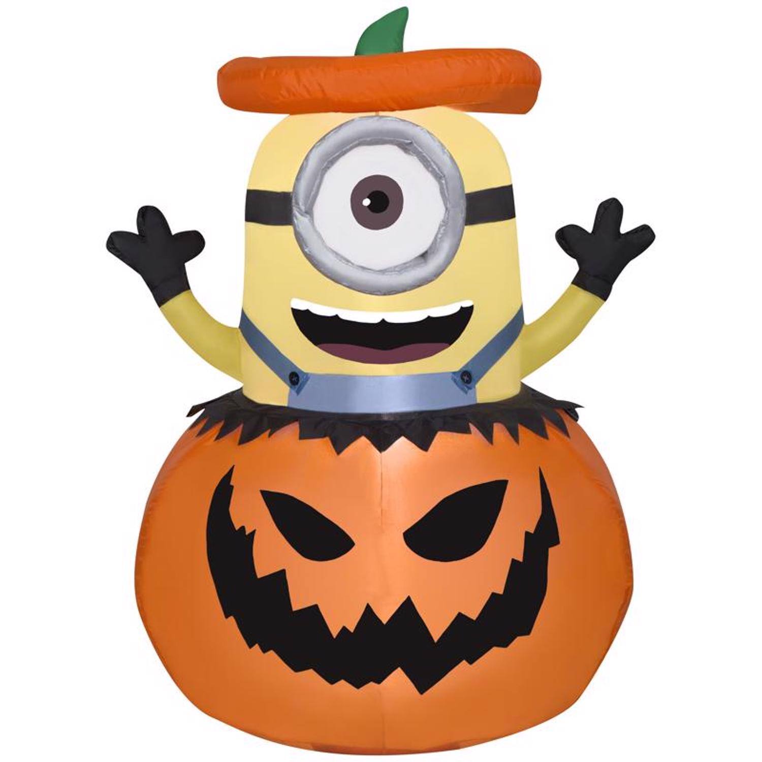 Left. Gemmy - Gemmy 3.5 ft. Prelit Minion Stuart in Jack-O'-Lantern Inflatable - Multicolored.