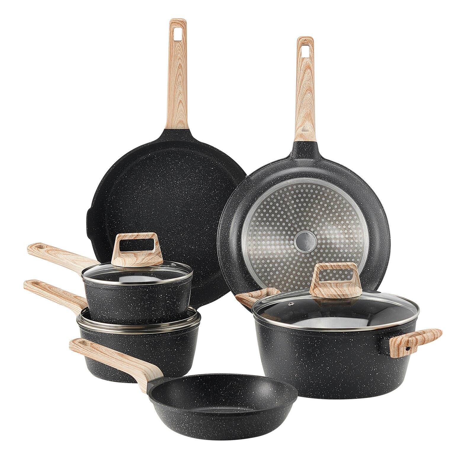 Alt View 9. Glintex - 17 Piece Pots and Pans Set Nonstick, Granite Induction Cookware with Frying and Sauce Pans for Kitchen Use - Black.