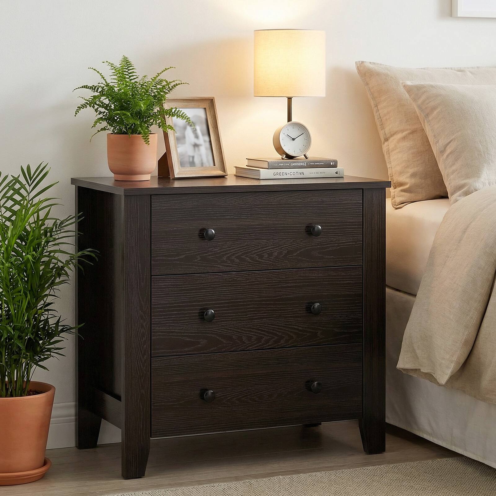 Alt View 4. Gymax - Gymax 3-Drawer Dresser 28.5'' Wide Chest of Drawers Modern Large Nightstand for Bedroom - Black.