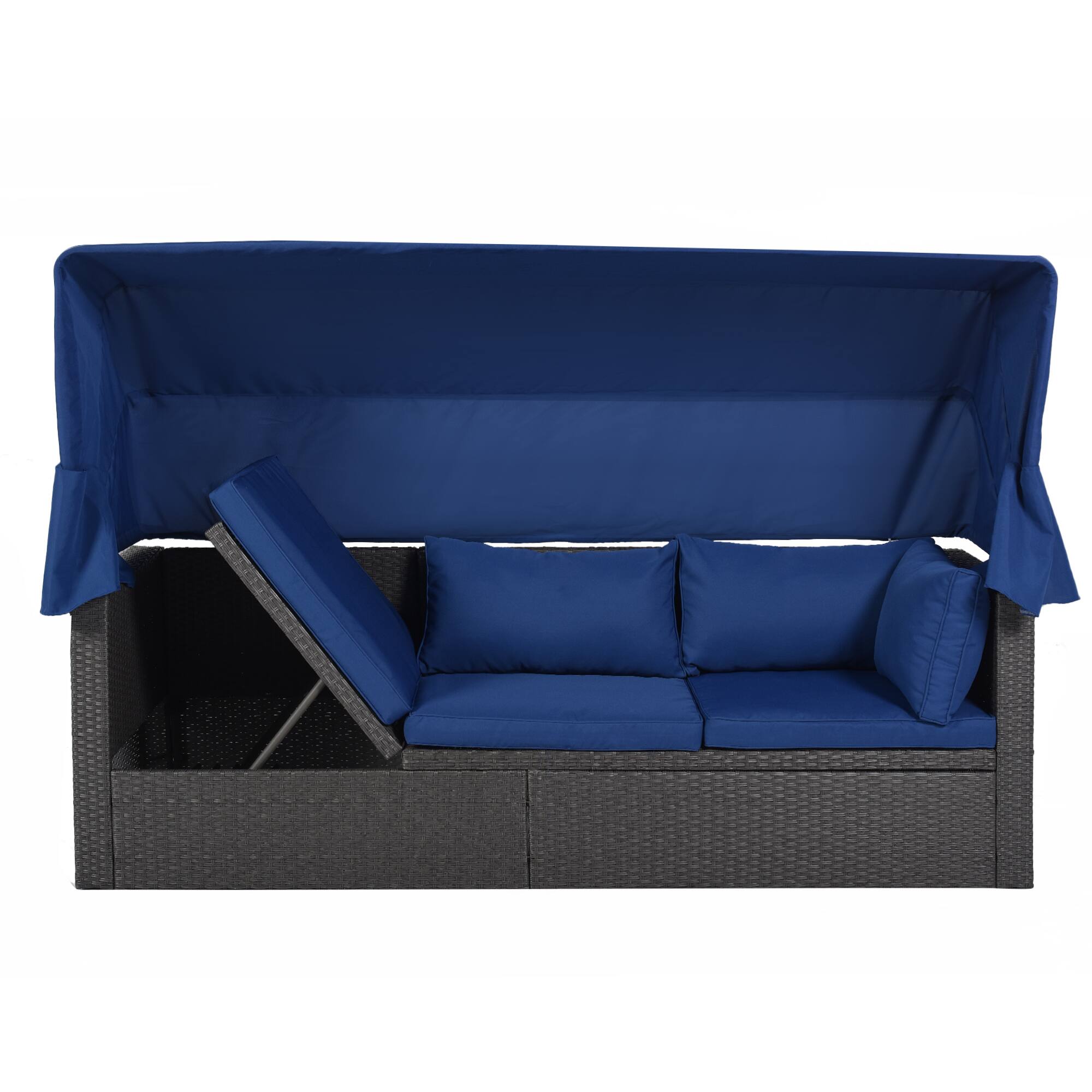 Alt View 6. Siljoy - Rattan Daybed with Retractable Canopy, Outdoor Sectional Sofa with Washable Cushions - Blue.