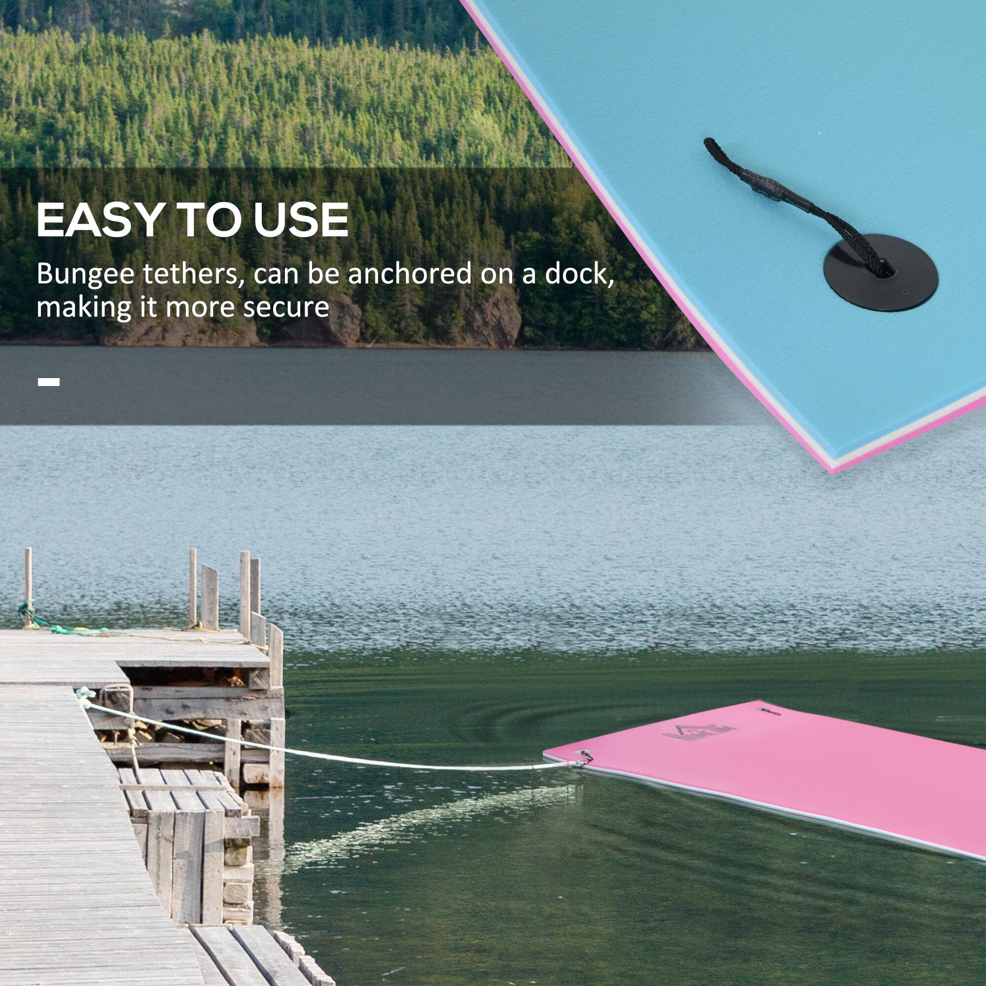 EASY TO USE Bungee tethers, can be anchored on a dock, making it more secure.