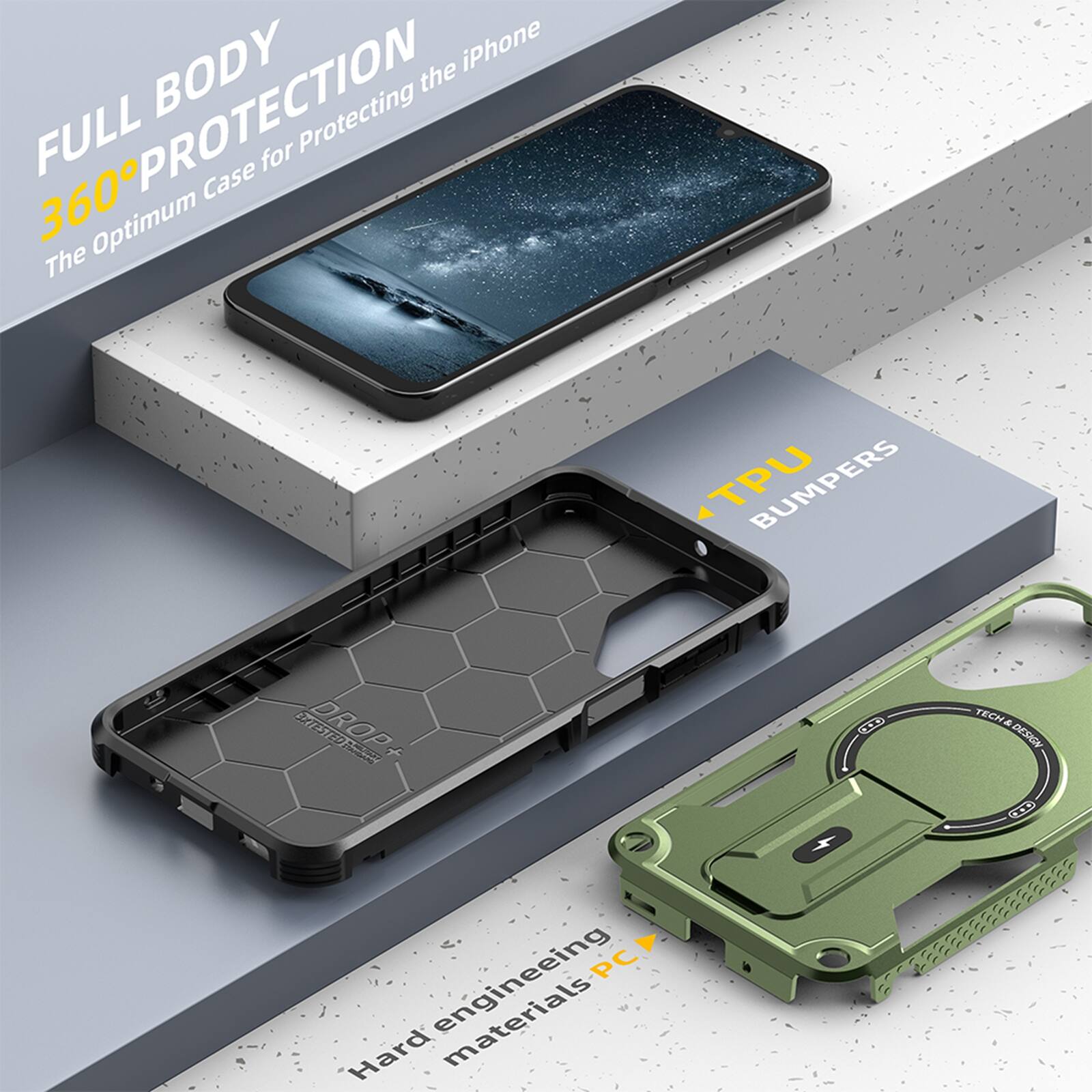 FULL BODY 360° PROTECTION  
The Optimum Case for Protecting the iPhone  

TPU BUMPERS  

Hard engineering materials PC  

DROP TESTED  

TECH DESIGN