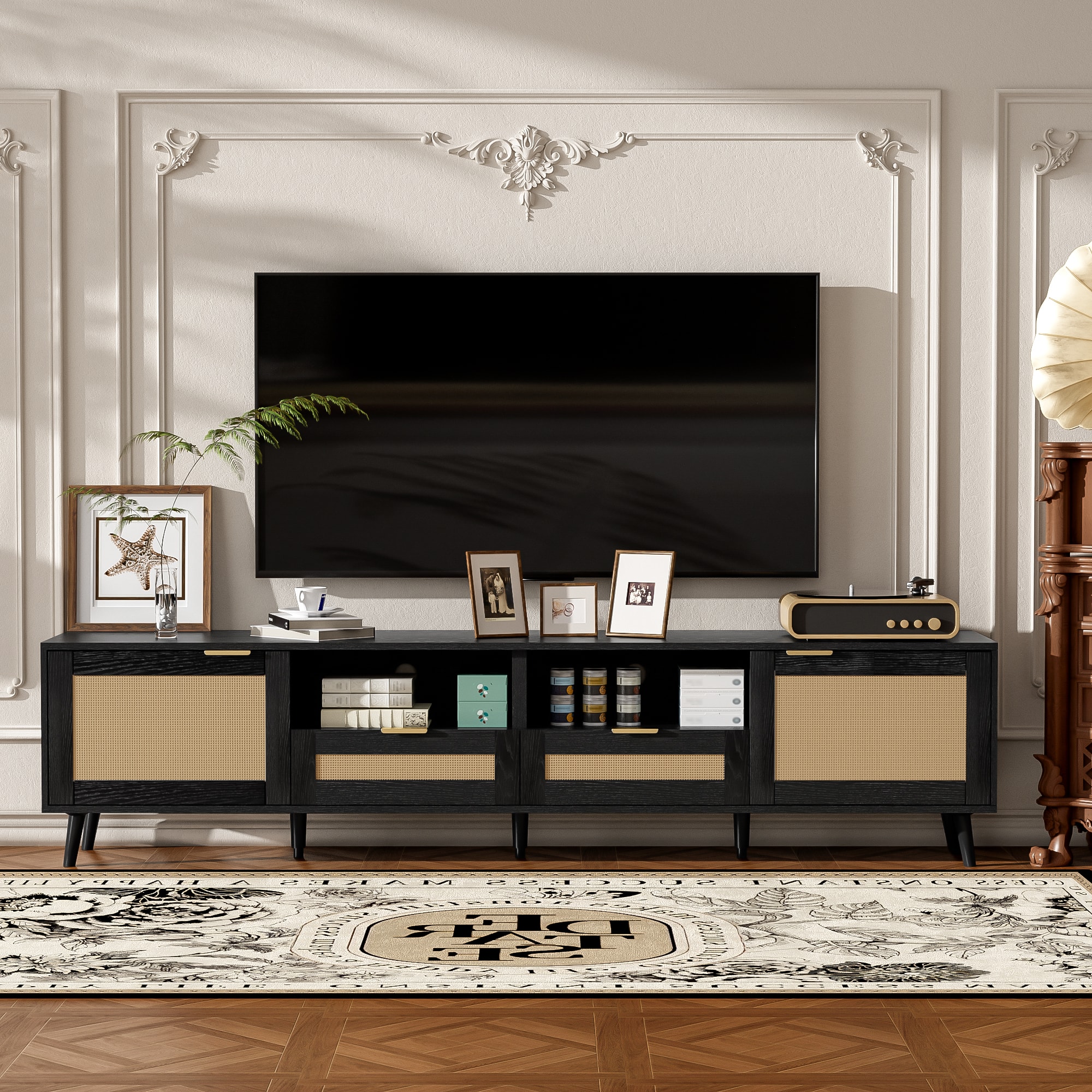 Z-Edge - Boho TV Stand for 85 Inch TV, Entertainment Center with 2 Drawers, Rattan TV Console with 2 Cabinets for Living Room - Black