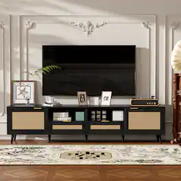 Z-Edge - Boho TV Stand for 85 Inch TV, Entertainment Center with 2 Drawers, Rattan TV Console with 2 Cabinets for Living Room - Black