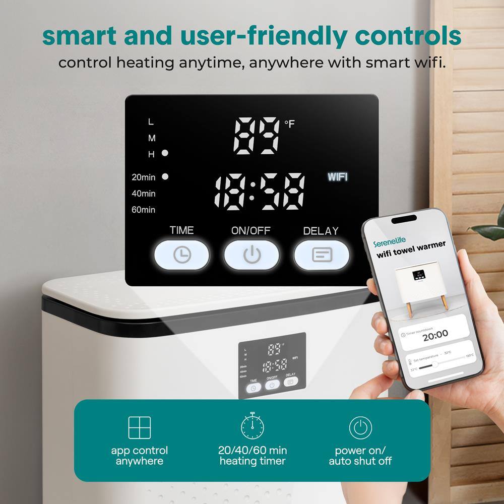 smart and user-friendly controls  
control heating anytime, anywhere with smart wifi.  

L M F H  
20min WIFI 40min 60min  
TIME ON/OFF DELAY  

Serenelite warmer wifi towel  
20:00 ON/OFF app control anywhere  
20/40/60 min heating timer power on/ auto shut off  

app control anywhere  
20/40/60 min heating timer  
power on/ auto shut off