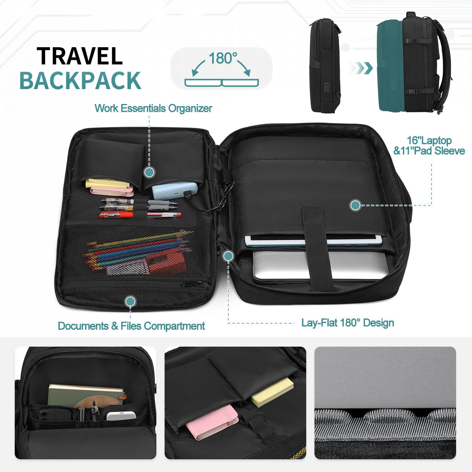TRAVEL 180° BACKPACK  
Work Essentials Organizer  
16" Laptop & 11" Pad Sleeve  
Documents & Files Compartment  
Lay-Flat 180° Design