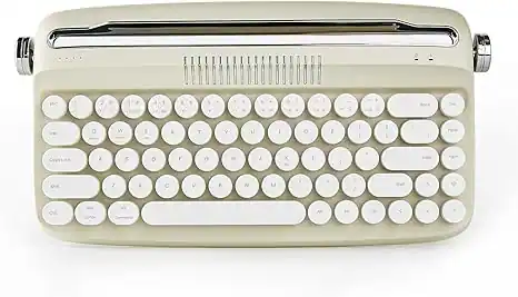 Front. Wikistore - Upgraded Wireless Typewriter Keyboard, Retro Keyboard with Integrated Stand, Cute Round Keycaps for Multi Device - Dark Beige.