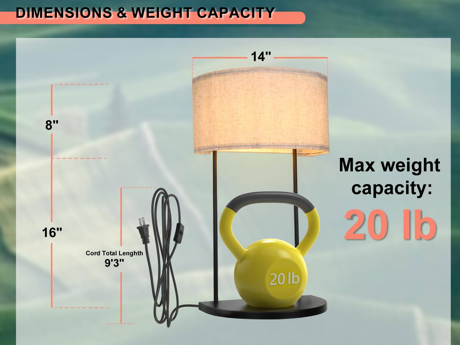 DIMENSIONS & WEIGHT CAPACITY

- Height: 16"
- Width: 14"
- Depth: 8"
- Cord Total Length: 9'3"
- Max weight capacity: 20 lb