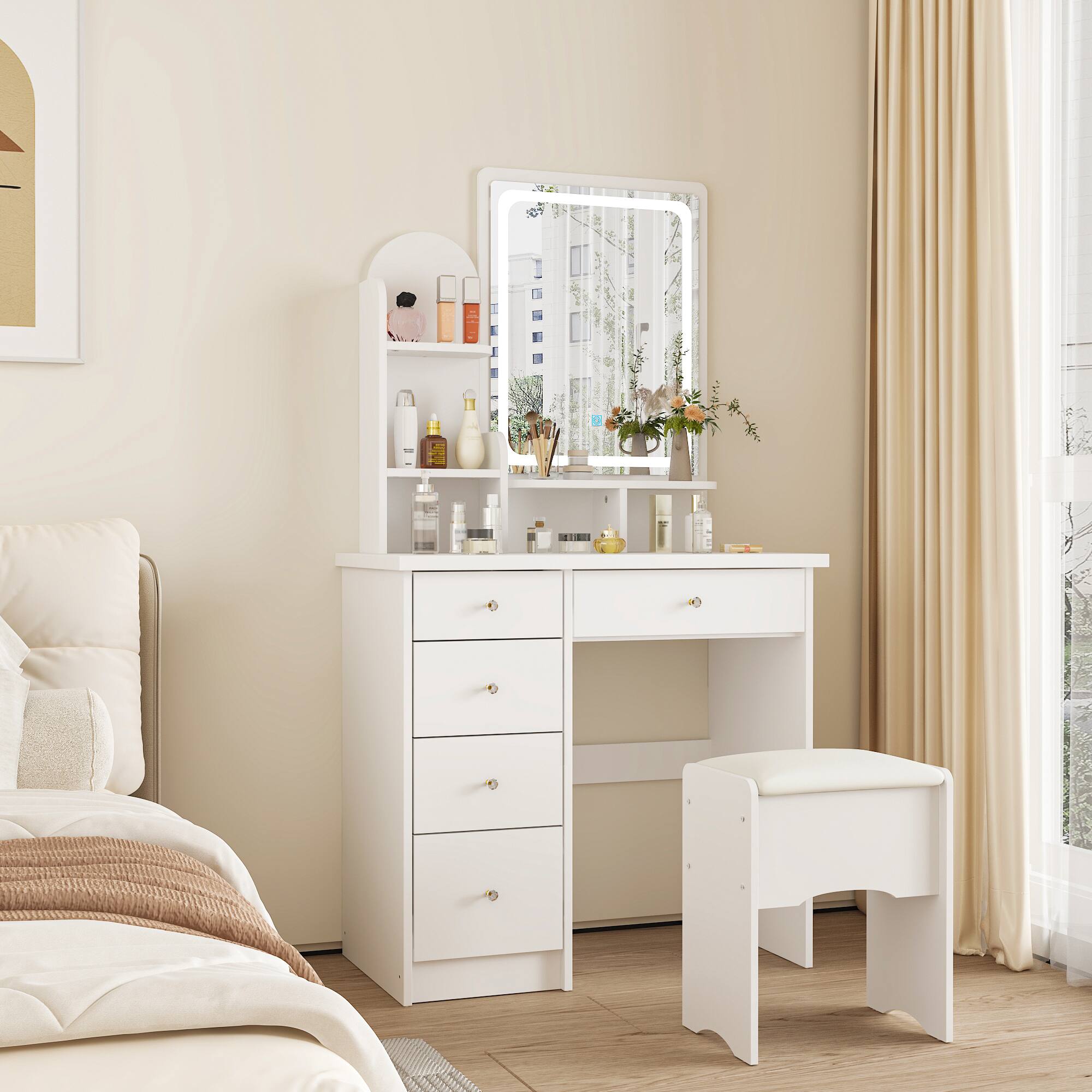 Left. Famapy - Vanity Table with LED Mirror, Storage Drawers & Stool – Makeup Vanity Organizer for Bedroom, Space-Saving Design - White.