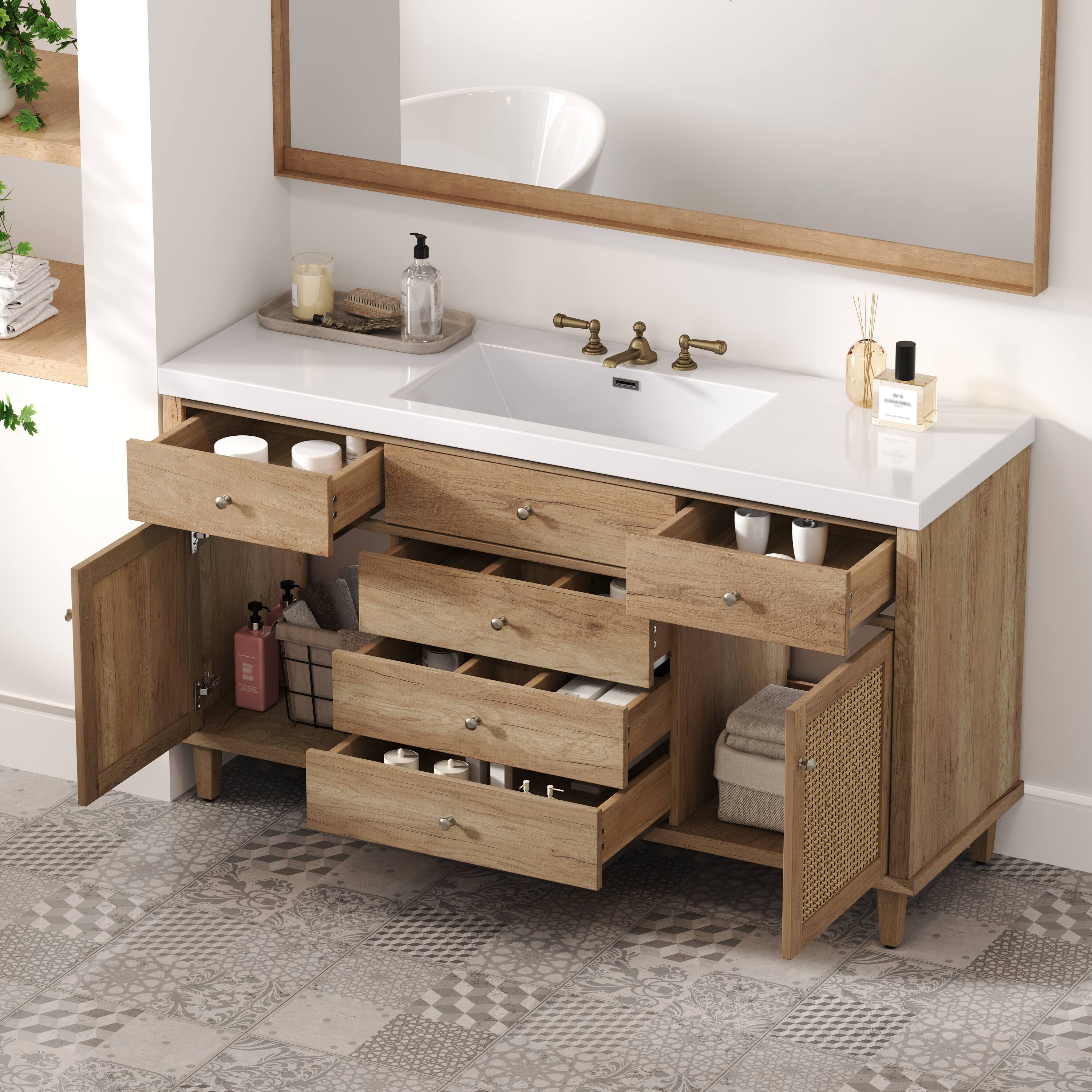 Back. Loheer - 5 ft Bathroom Vanity with SMC Sink, Soft Close Drawers, Rattan Doors, Large Storage - Antique Natural.