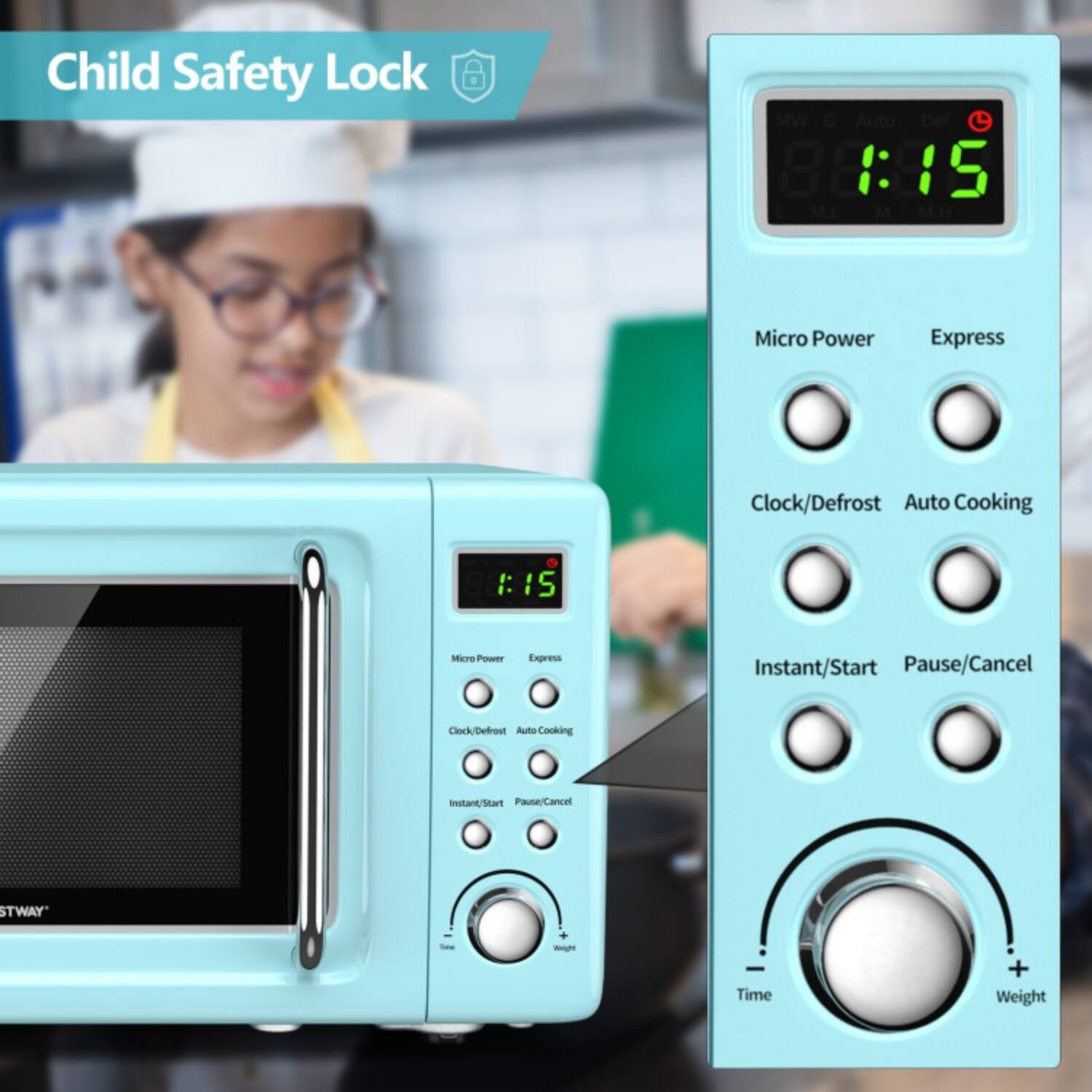 Child Safety Lock

MW G Auto Defrost: 15 M.L Micro Power Express Clock/Defrost Auto Cooking 1:15

Micro Power
Express
Clock/Defrost
Auto Cooking
Instant/Start
Pause/Cancel

Time
Weight