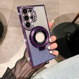 Dteck - Luxury Glitter Rhinestone Phone Case for Samsung Galaxy S26 Ultra,Plated Shockproof Ring Stand TPU Cover with Lens Film - Purple