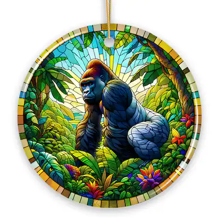 Front. OrnamentallyYou - A Primate Safari Gorilla Stained Glass Style Ceramic Ornament African Animals Christmas Gift - Multi-colored.