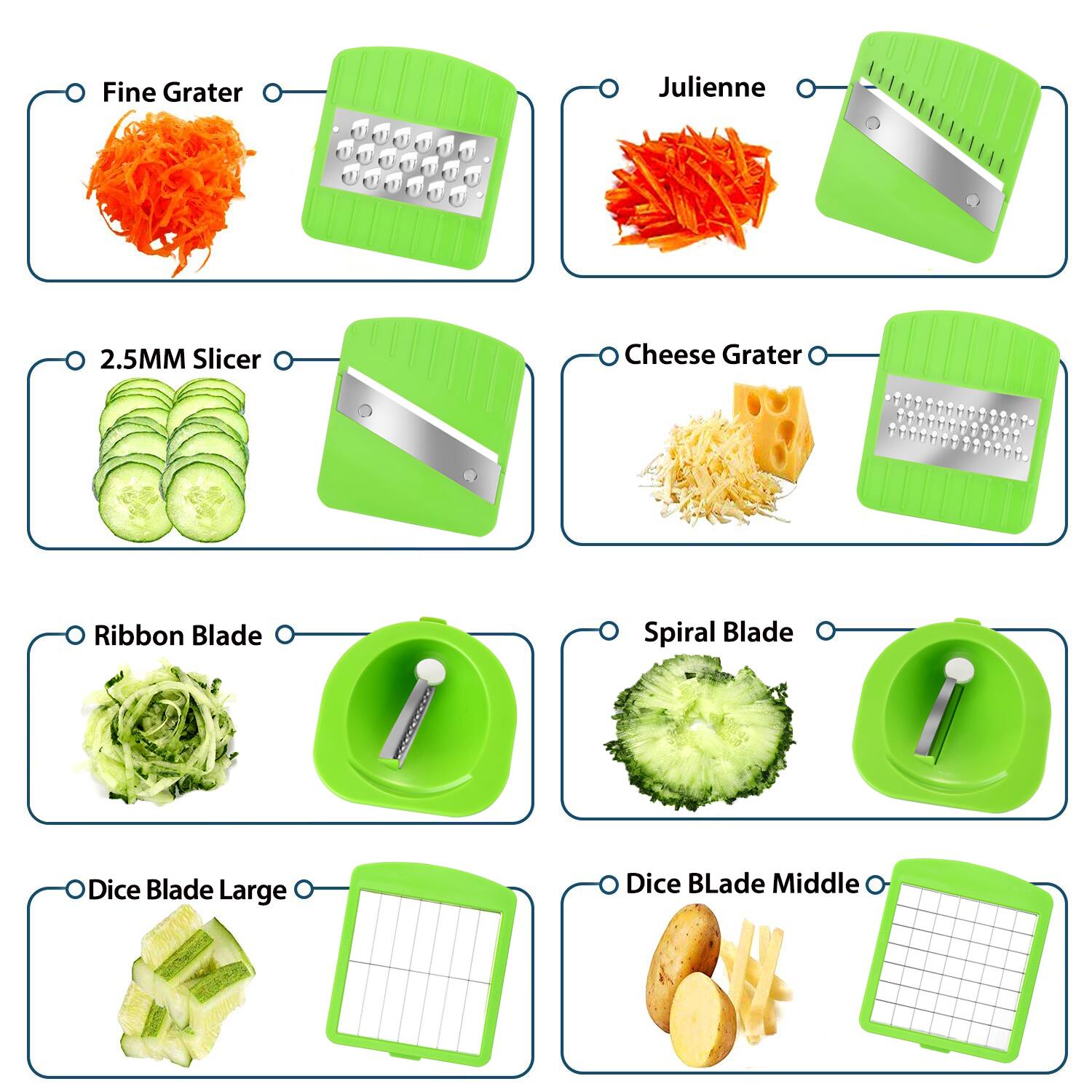 Fine Grater, Julienne, 2.5MM Slicer, Cheese Grater, Ribbon Blade, Spiral Blade, Dice Blade Large, Dice Blade Middle