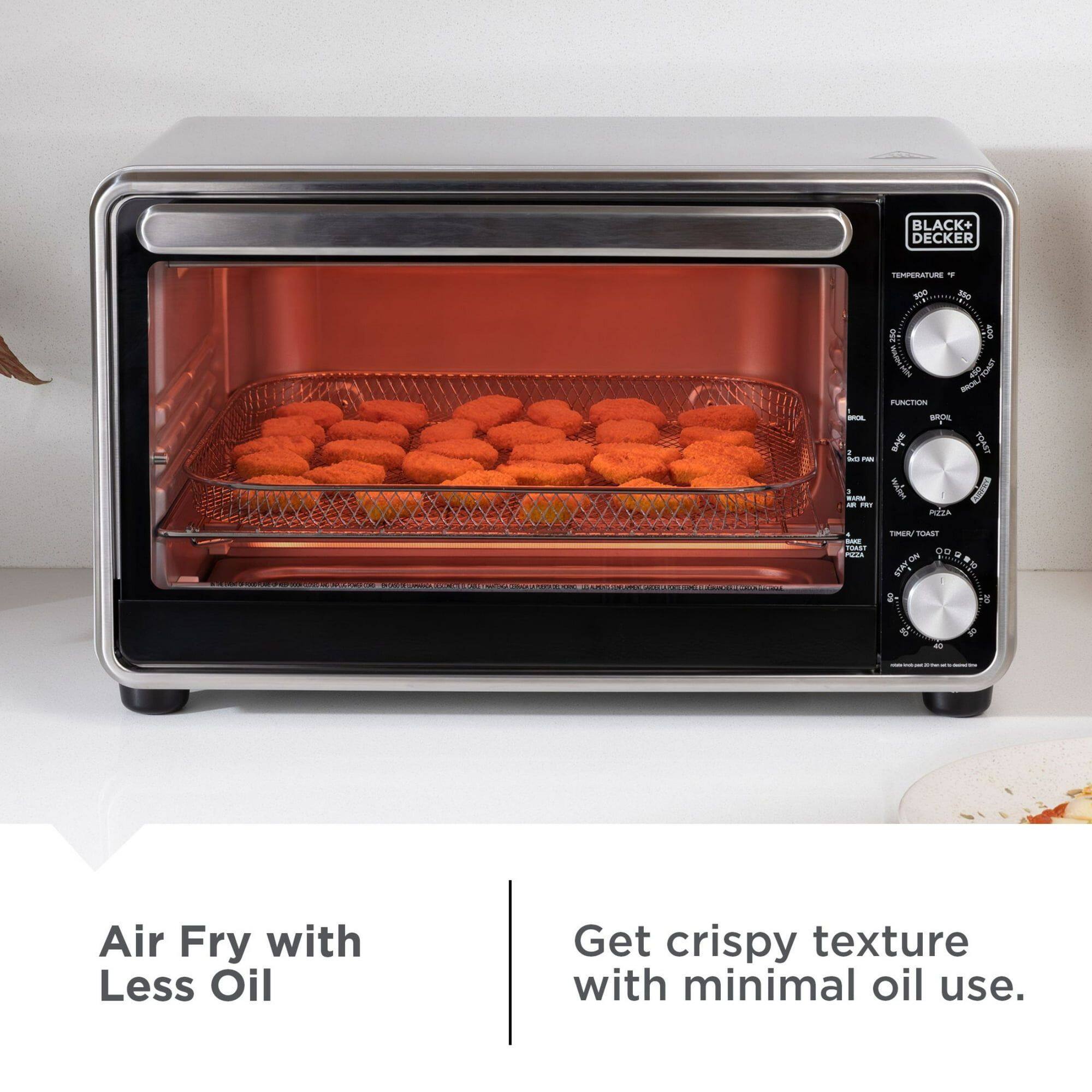 BLACK+ DECKER TEMPERATURE - 1 380 R I PUNICTTAUN aO TOADT -NOL - - i - C.R - FHT I I aa nien Chca I - FOMOY miza F HORE g ON LNES  
B: Air Fry with Less Oil Get crispy texture with minimal oil use.