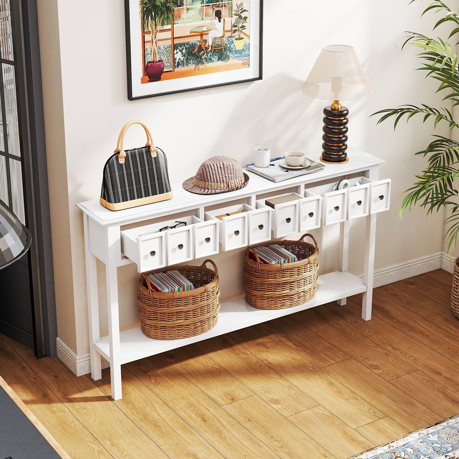 Alt View 7. Gymax - Gymax 60'' Long Narrow Console Table w/4 Drawers & Open Storage Shelf Anti-Tip Kit White - White.