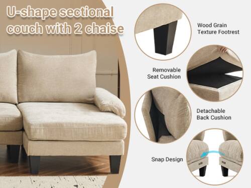 U-shape sectional couch with 2 chaise

- Wood Grain Texture Footrest
- Removable Seat Cushion
- Detachable Back Cushion
- Snap Design