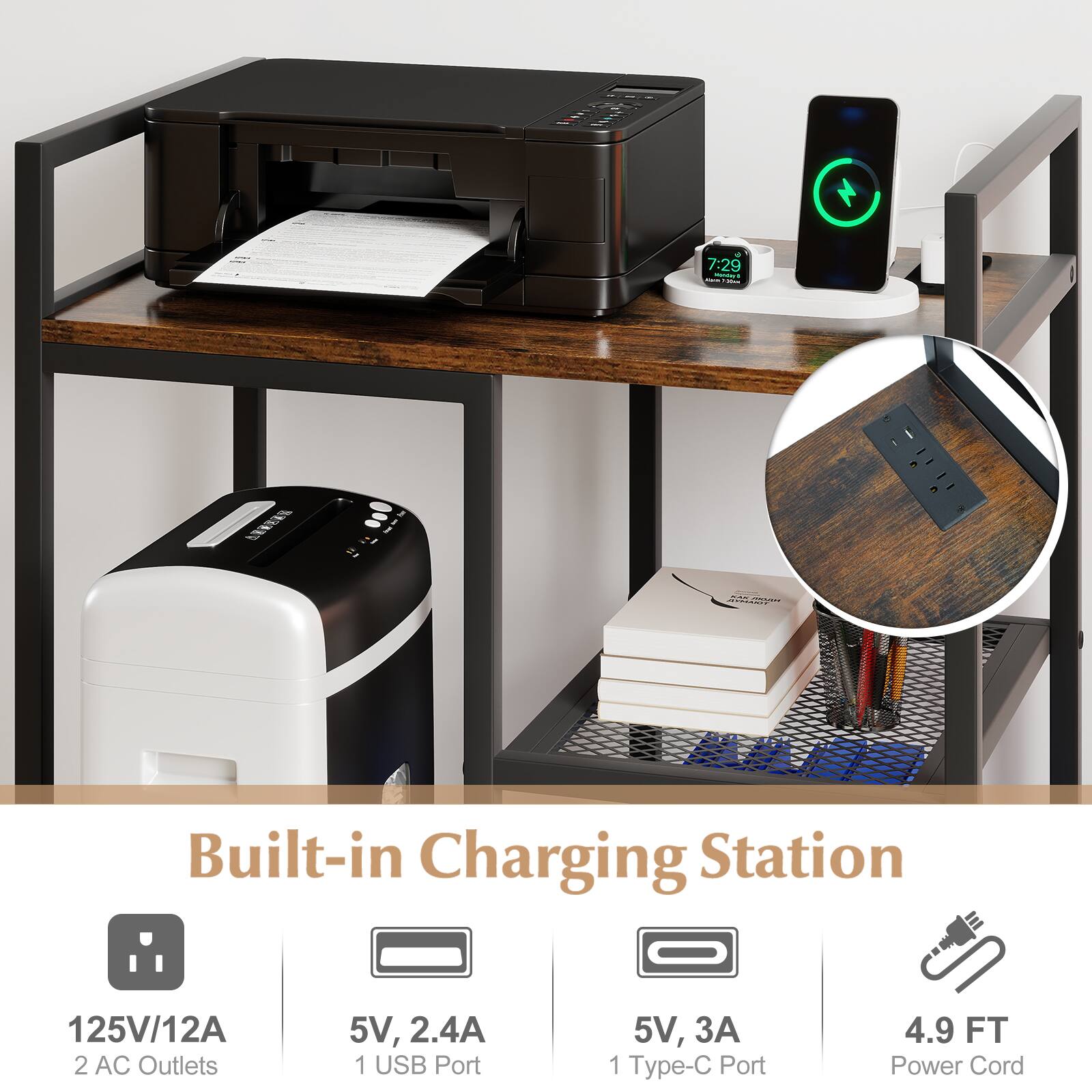 7:29 - - - LETES 1 Built-in Charging Station  
- 125V/12A  
- 2 AC Outlets  
- 5V, 2.4A  
- 1 USB Port  
- 1 Type-C Port  
- 4.9 FT Power Cord