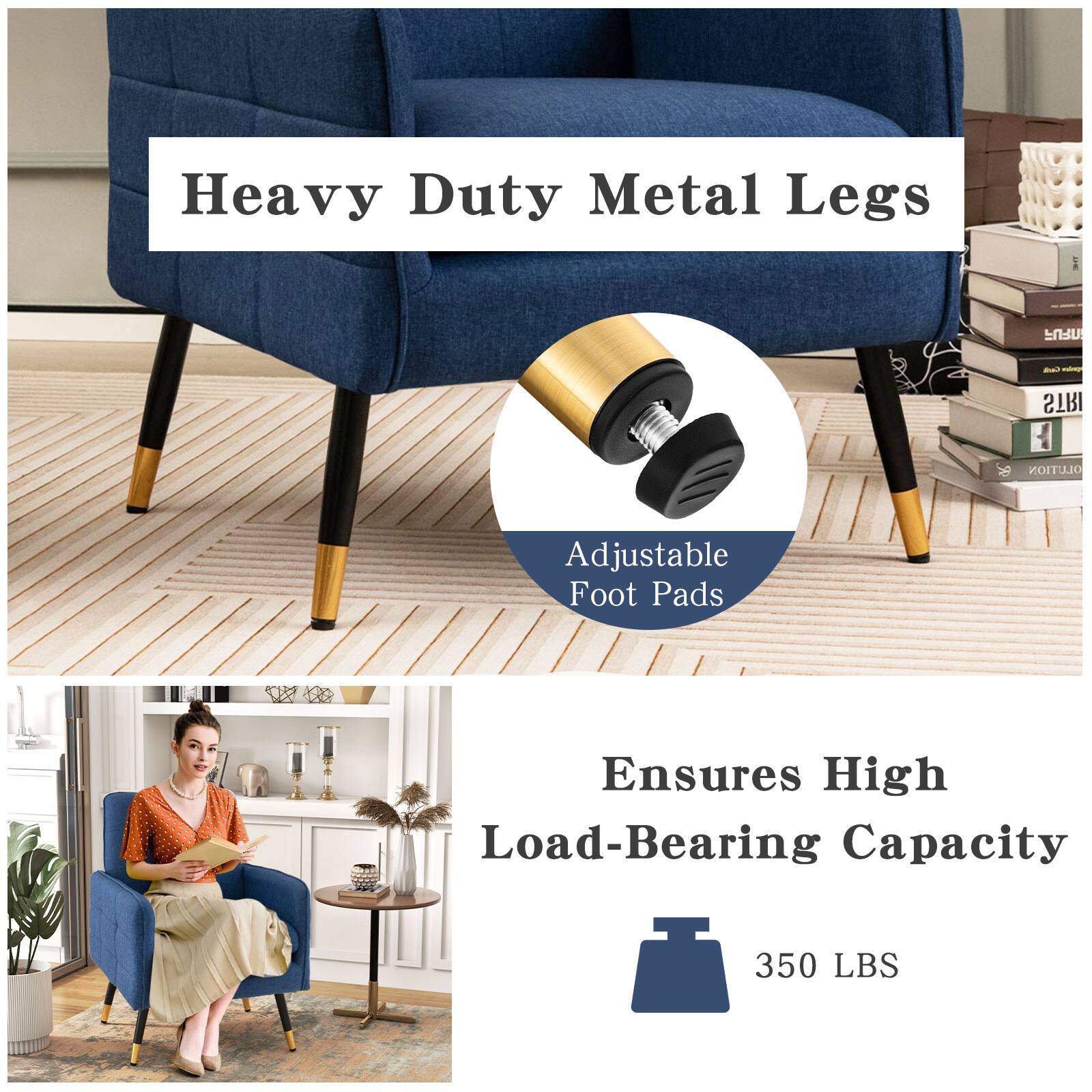 Heavy Duty Metal Legs  
Adjustable Foot Pads  
Ensures High Load-Bearing Capacity  
350 LBS