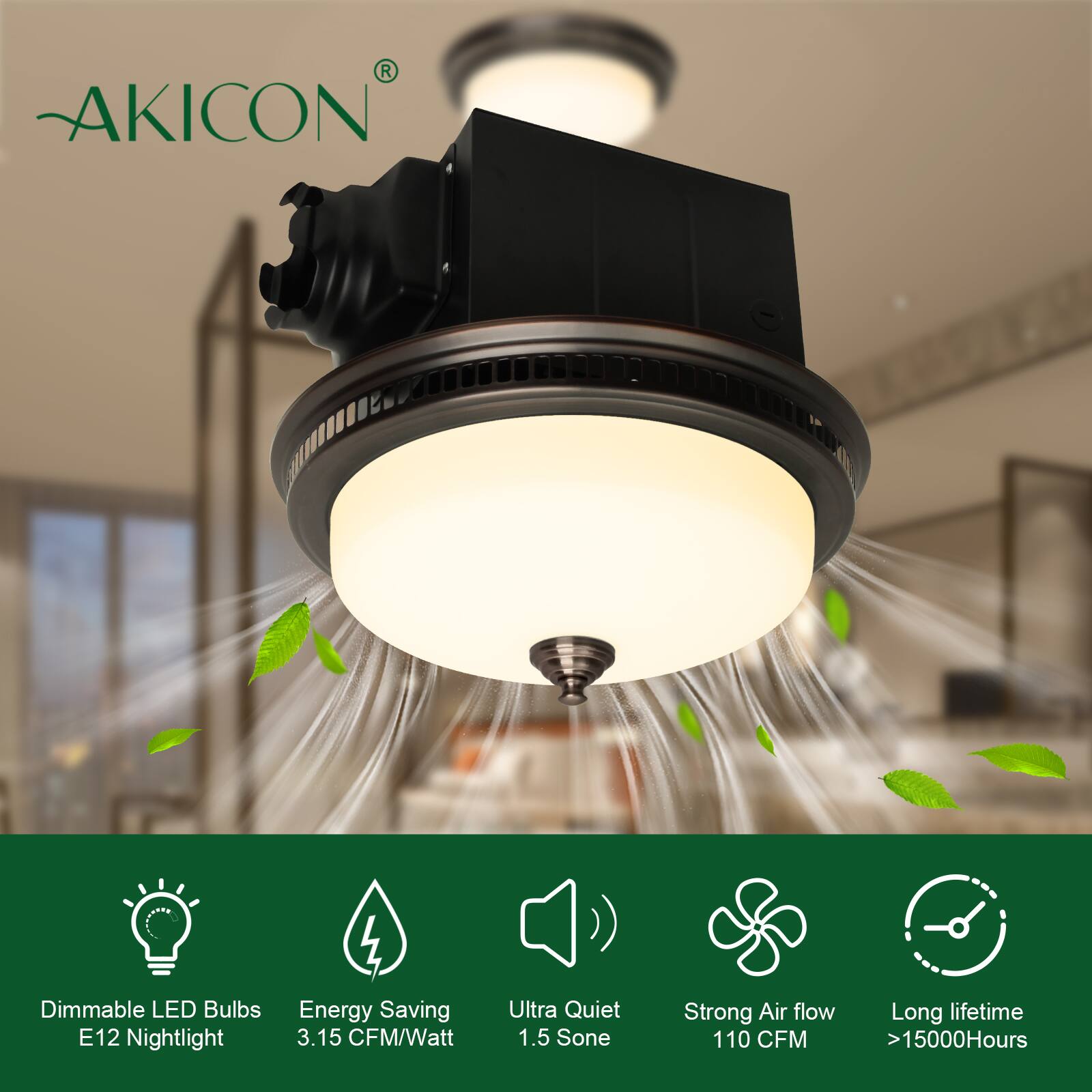 AKICON Dimmable LED Bulbs E12 Nightlight  
Energy Saving 3.15 CFM/Watt  
Ultra Quiet 1.5 Sone  
Strong Airflow 110 CFM  
Long Lifetime >15000 Hours