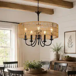 RYHNUYNE - Modern Farmhouse 5‑Light Rattan Chandelier,Hand‑Woven Wicker Shade Boho Black Pendant Light for Dining Room - Brown