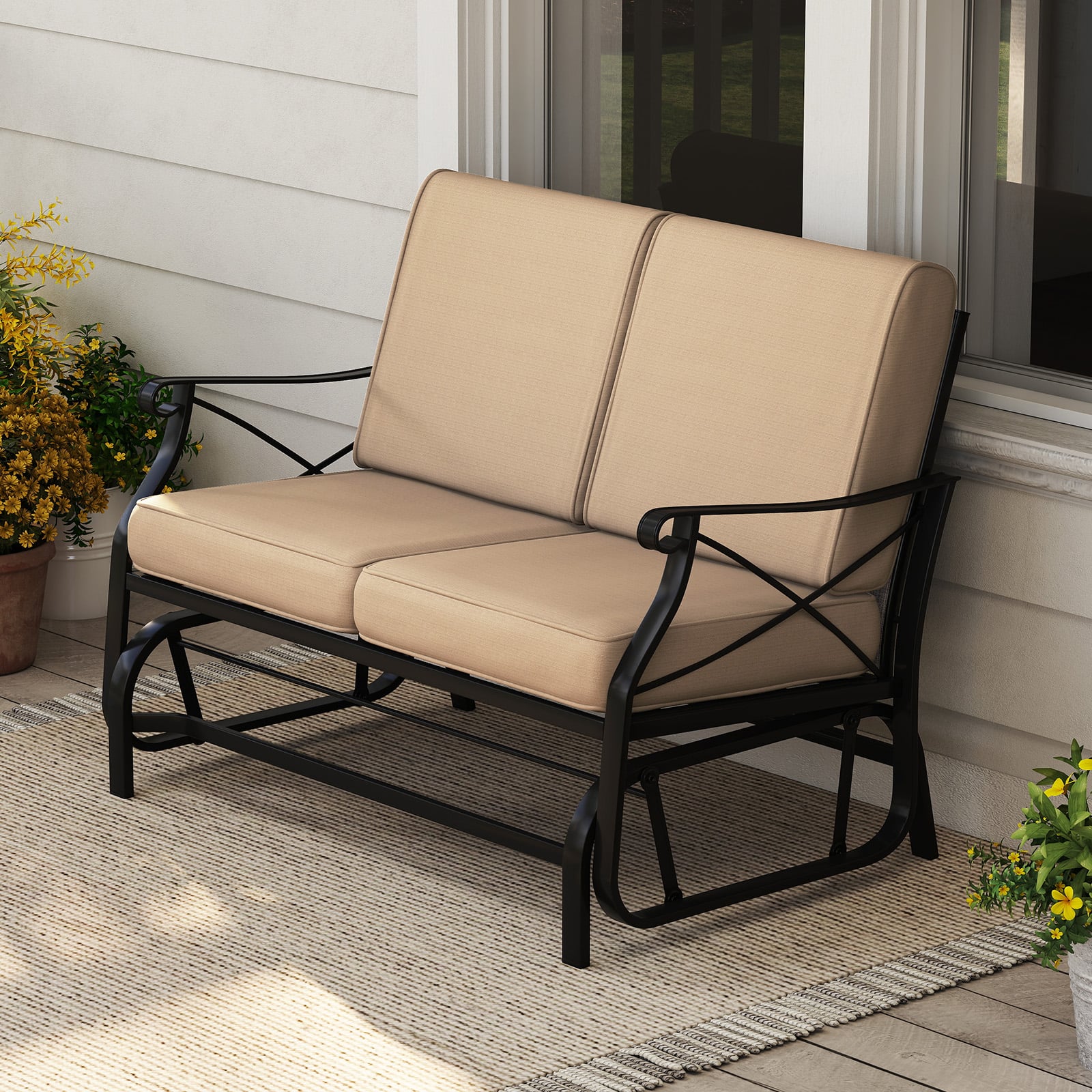 Gymax - Outdoor 2-Person Glider Rocking Chair Loveseat w/Thick Cushions & Metal Frame - Brown