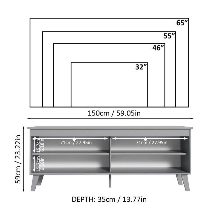 - 65"
- 55"
- 46"
- 32"
- 150cm / 59.05in
- 59cm / 23.22in
- 71cm / 27.95in
- 71cm / 27.95in
- DEPTH: 35cm / 13.77in