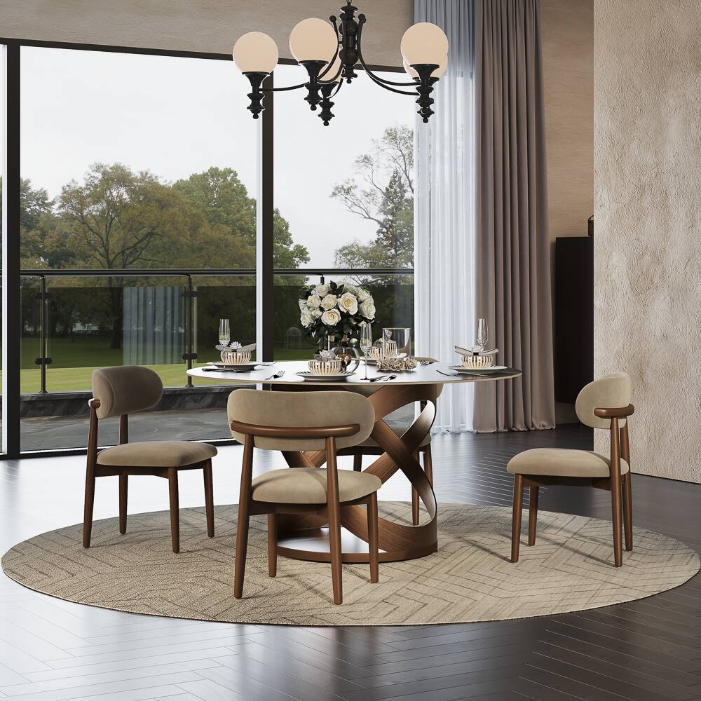 Angle. POVISON - 51" Modern Black Round Dining Table for 4, Matte Sintered Stone Tabletop with Bronze X Carbon Steel Base - Black Matte Sintered Stone with Bronze.