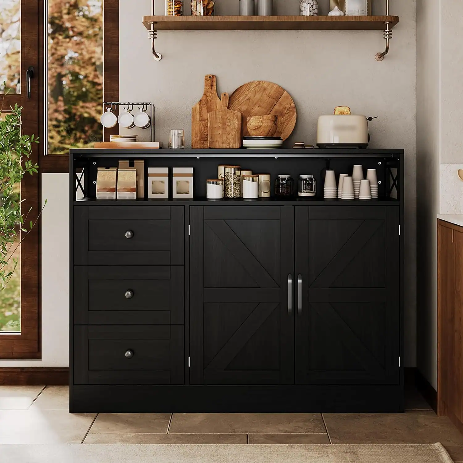 Alt View 1. Acekool - 47.2 in Buffet Cabinet with Storage, Modern Farmhouse Sideboard Storage Cabinet with Power Outlet - Black.