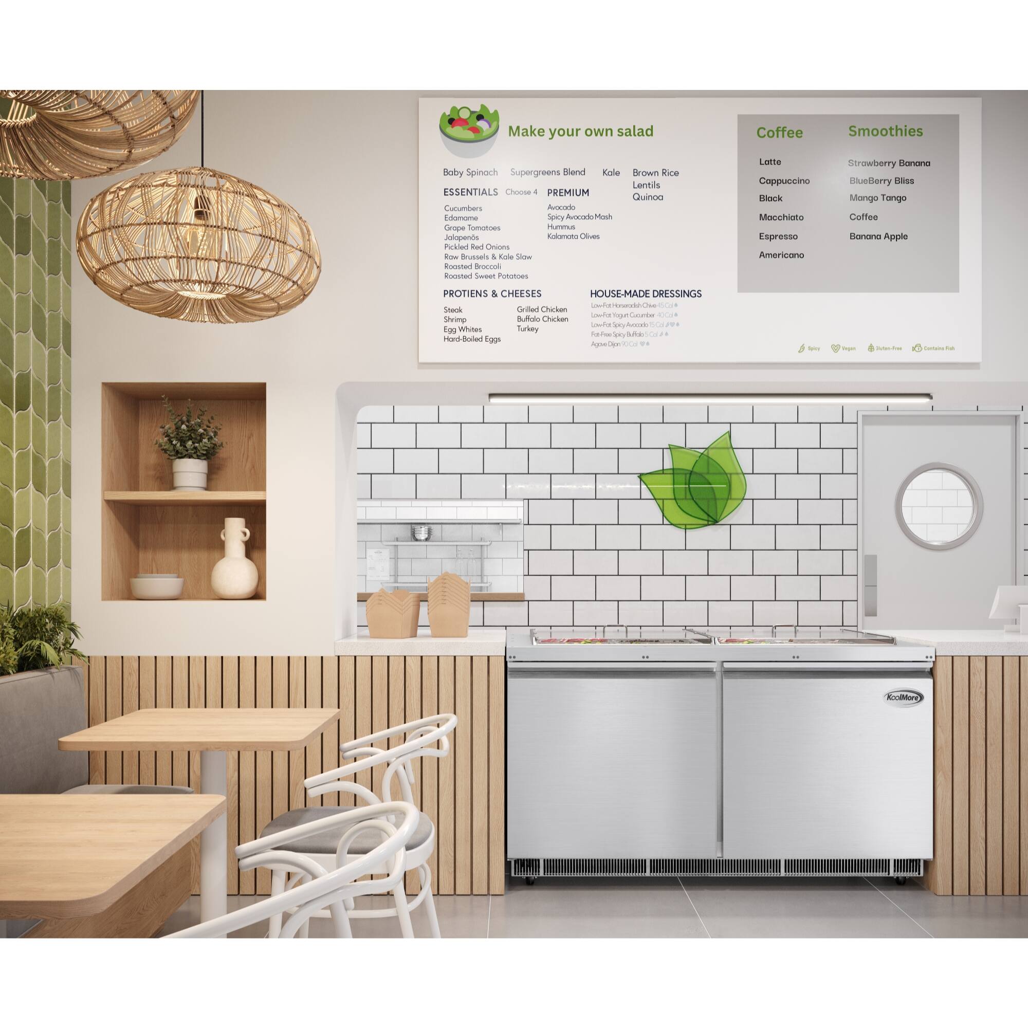 Make your own salad Coffee Smoothies Boby Spinach Supergreens end Kale frow Rice Lentils ESSENTIALS Chom 4 PREMIUM Quinoa Carrots Auscorts omama Spiy AocodMosh Geope Tomuties Hummus Jolopende aNno Cu Prician da Crns Row Brussels 4 Ndle Siew Boadd ac Rocnat Sacaut Ponstous Lote Coppuccino Sock Macchisto Espresso Amerrizis Strawberry anano ueltorry -nAs Mango Tango Coffee Sanana Apple PROTIENS & CHEESES HOUSE-MADE DRESSINGS uternaste.Coua StacA Cre Charken Loute T Saate .O. Sheimp  Cticken sntorieo -s Acoak US as Whites Turbey i an - Toud Builed ggs m - .. Se - - - : CuRENO